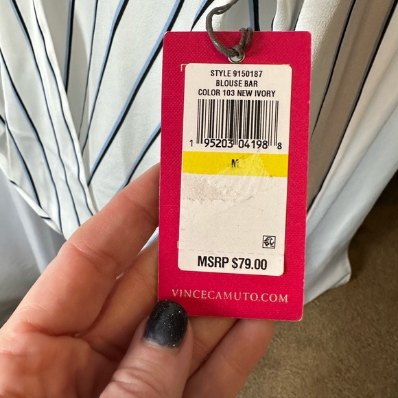 NWT Vince Camuto New Ivory Blue Stripe long sleeve faux wrap blouse Size M - Picture 4 of 4